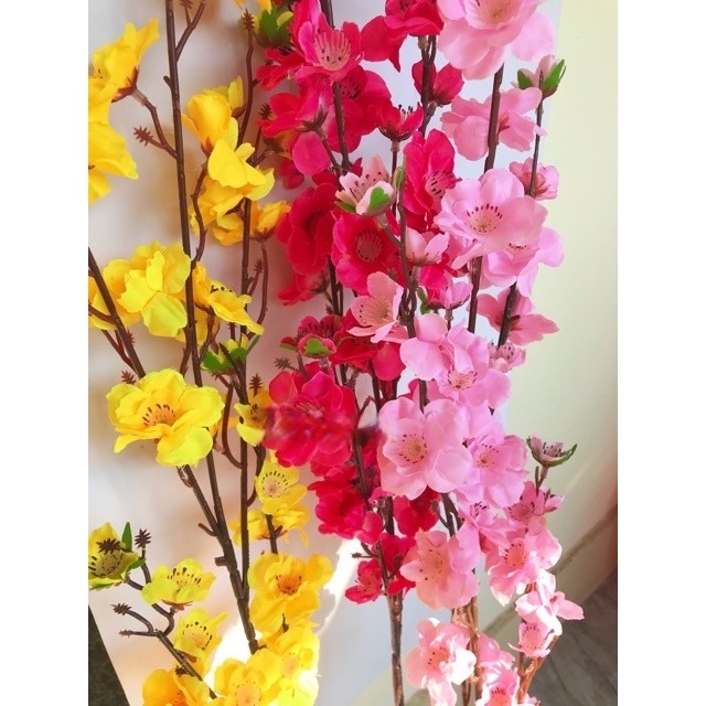 Cành hoa đào, hoa mai giả - Chiều dài 100 cm - Cành 5 nhánh - Cây giả, hoa lụa decor trang trí Tết