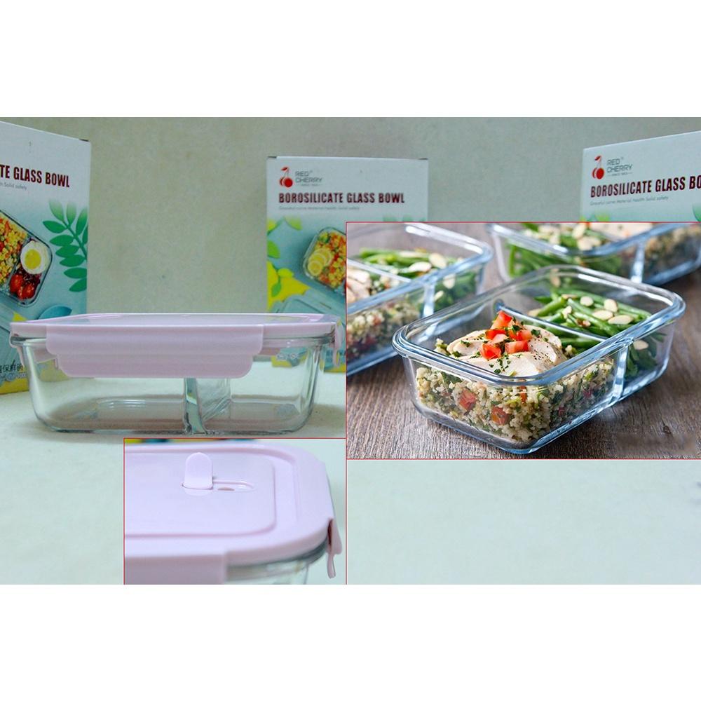 Hộp đựng thực phẩm, hộp cơm thủy tinh 2 ngăn 1000ml để tủ lạnh, lò vi sóng