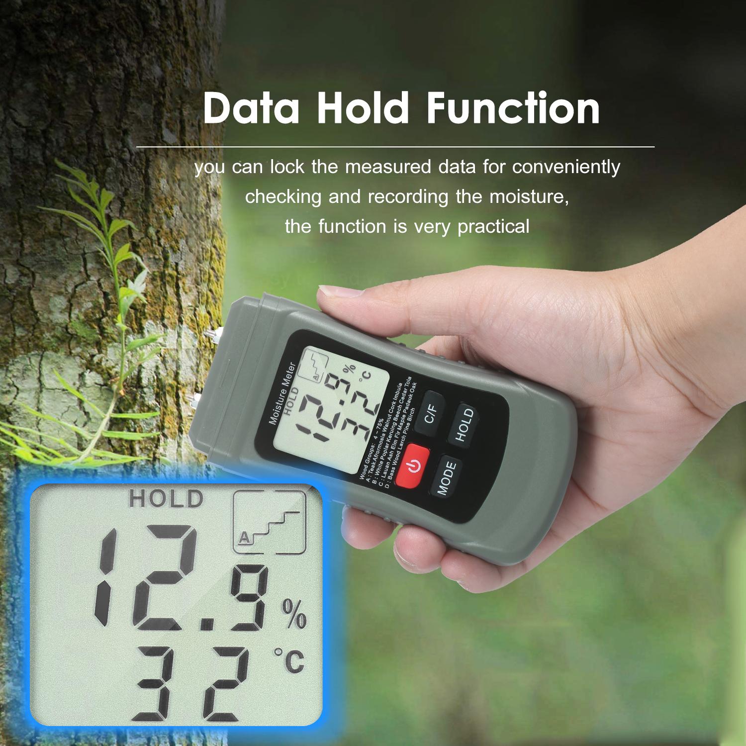 Wood Moisture Meter LCD Digital Damp Moisture Tester Pin Type Water Leak & Moisture Detector with 4 Modes Data Hold ℃/℉
