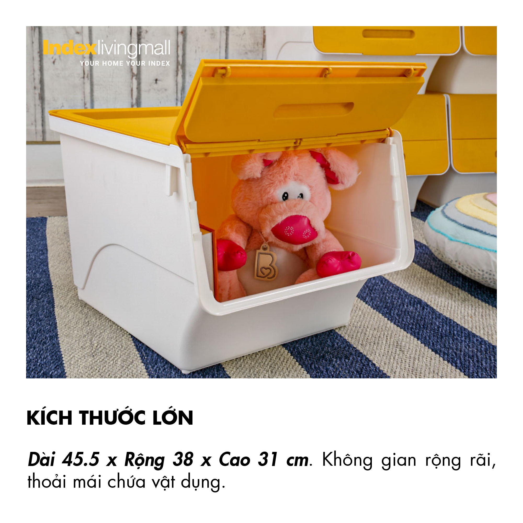 Thùng lưu trữ đa năng 34 lít OTELLO chất liệu nhựa PP trắng, nắp vàng, kích thước 45x38x31cm (DxRxC) | Index Living Mall | Nhập khẩu Thái Lan