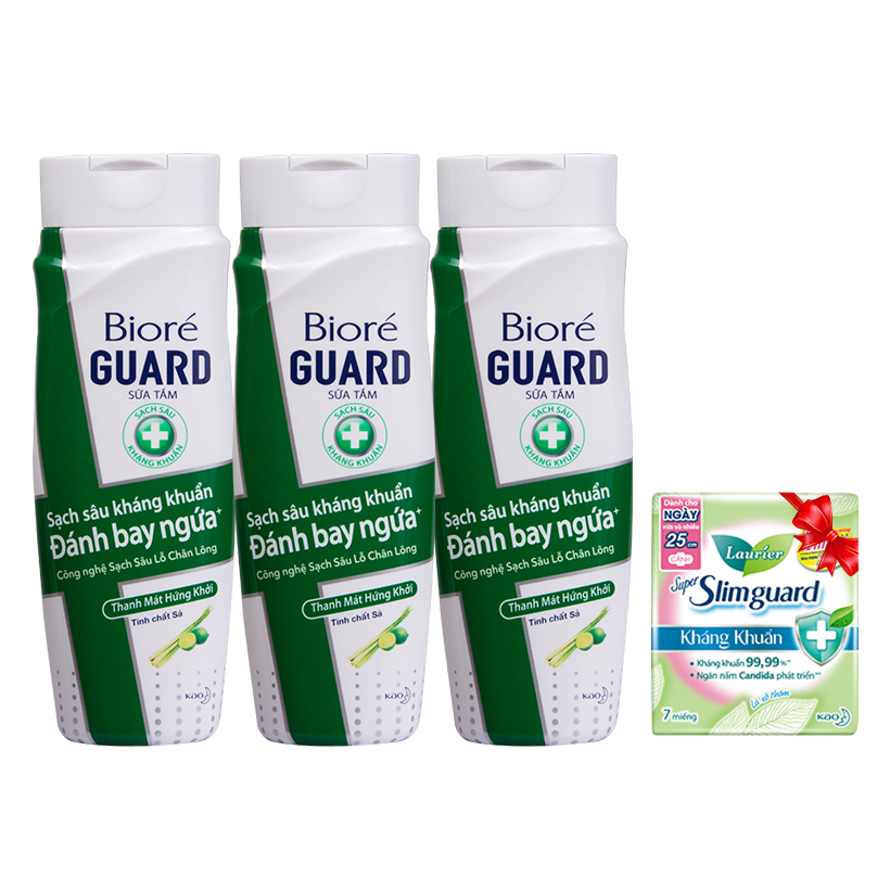 Bộ 3 Sữa Tắm Sạch Sâu Kháng Khuẩn Thanh Mát Hứng Khởi Biore Guard 220g Tặng 1 Băng vệ sinh siêu mỏng Laurier 7 Miếng