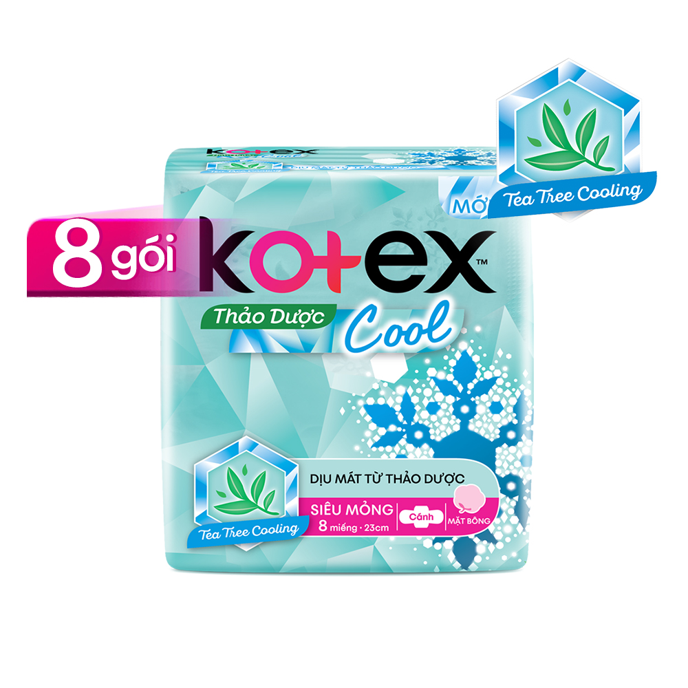 Combo 8 Gói Băng Vệ Sinh Kotex Thảo dược Cool dịu mát SMC 23cm (8 miếng/gói)