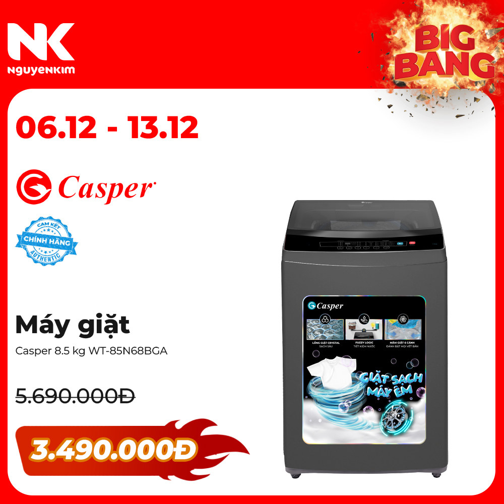 Máy giặt Casper 8.5 kg WT-85N68BGA - Hàng chính hãng [Giao hàng toàn quốc]