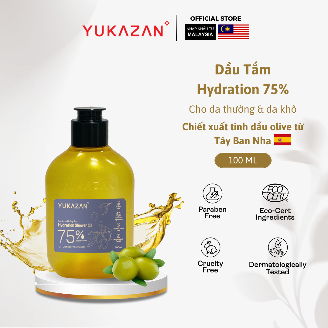 Dầu Tắm Yukazan Hydration 75% 100ML - Tinh dầu trái sung Mỹ, olive và bơ hạt mỡ dưỡng ẩm giúp da mềm mịn