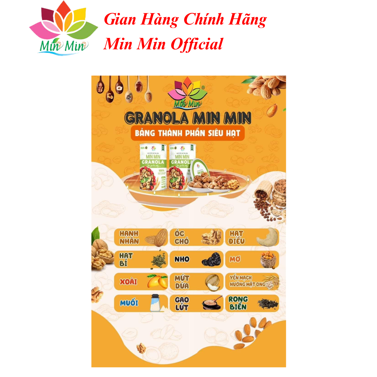 2 Hộp (1kg) Ngũ Cốc Granola Min Min - Ngũ Cốc Hạt Ăn Liền Granola Min Min (1hộp 500gr)