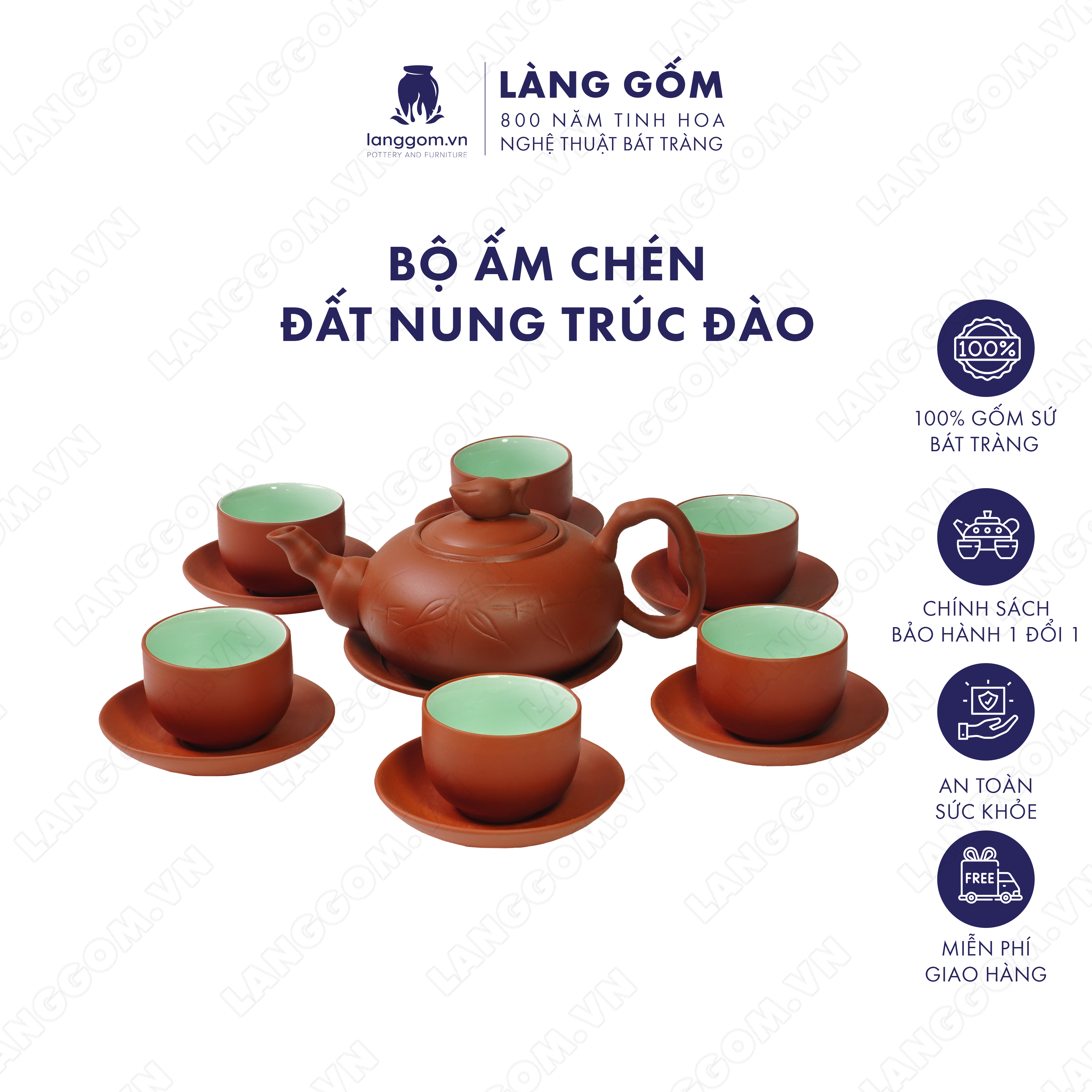 Bộ ấm chén đất nung trúc đào - Men mộc - Gốm sứ Bát Tràng - langgom.vn
