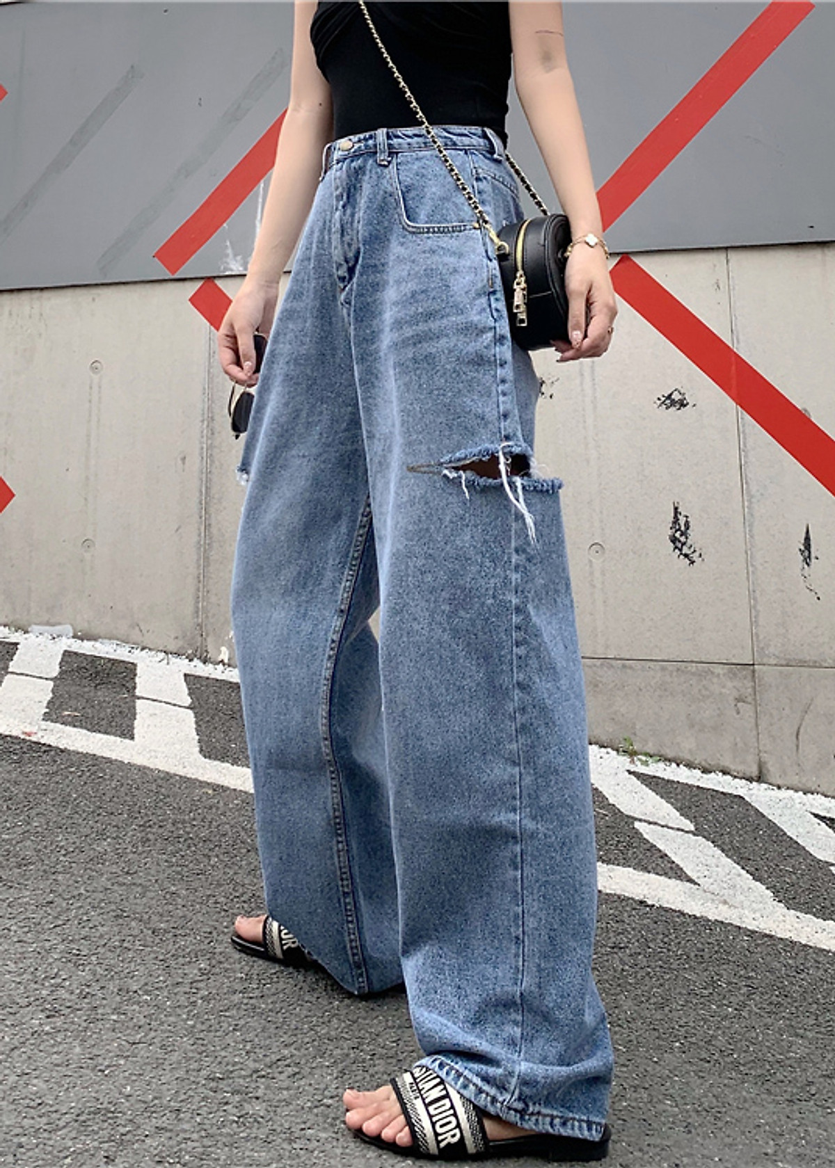 Quần jeans nữ ống rộng rách 2 đùi, thời trang phong cách trẻ