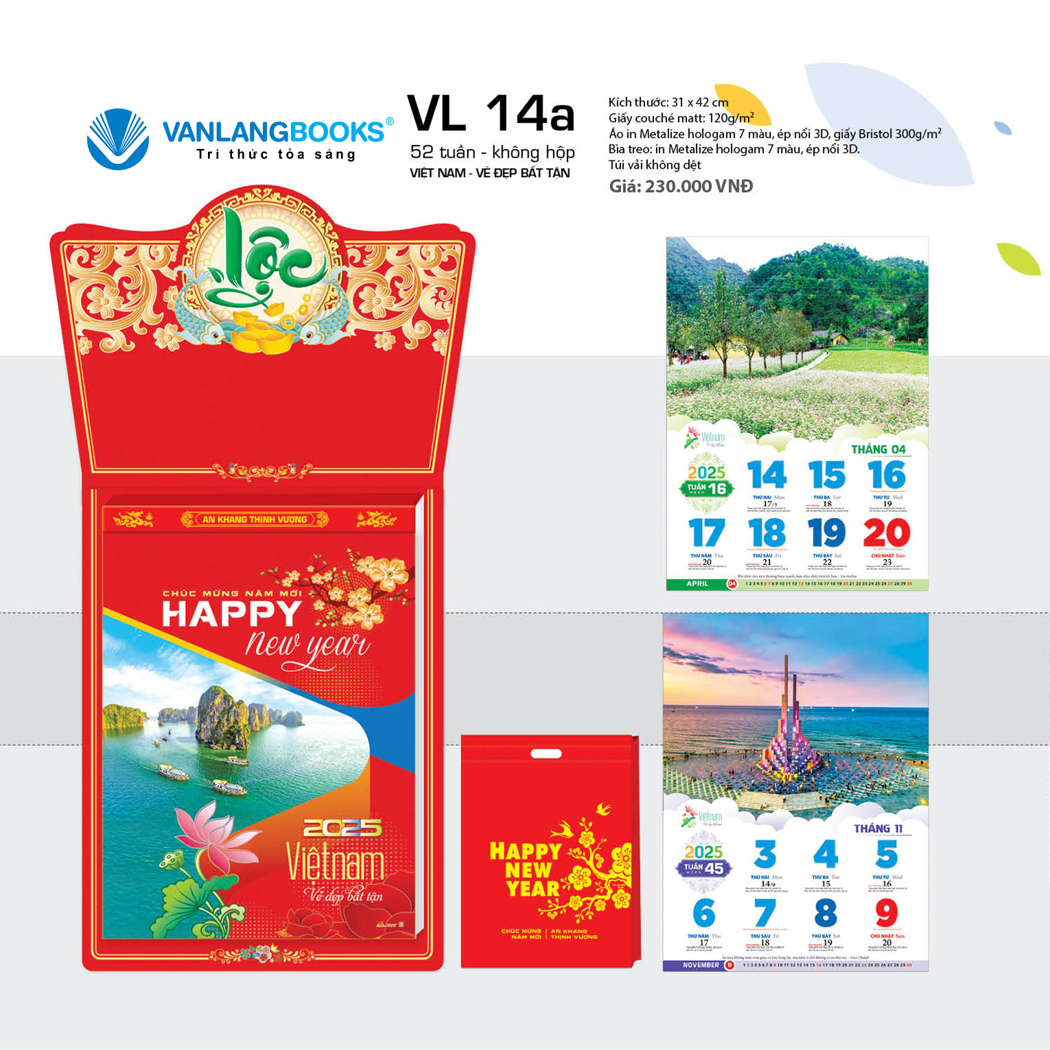 Lịch 2025 52 Tuần - Việt Nam Vẻ Đẹp Bất Tận - VL14A - Lịch Văn Lang - Không Hộp