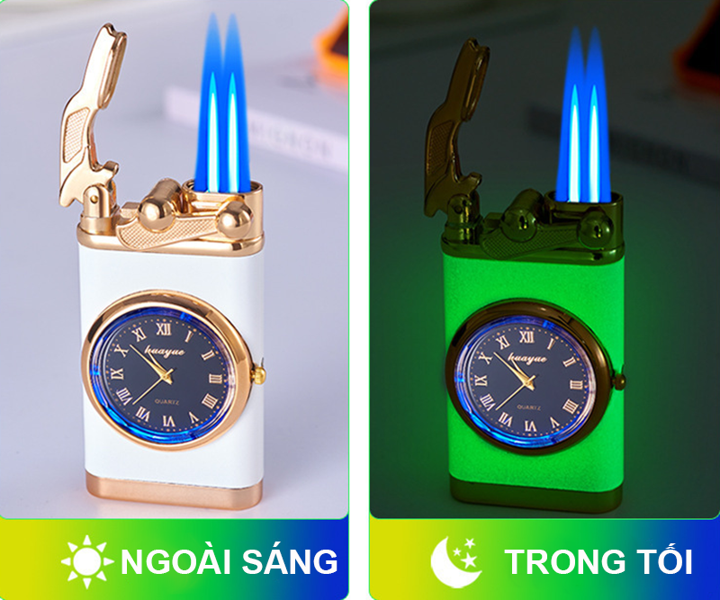 Bật Lửa Khè 2 Tia Kiêm Đồng Đồ Có Đèn Led