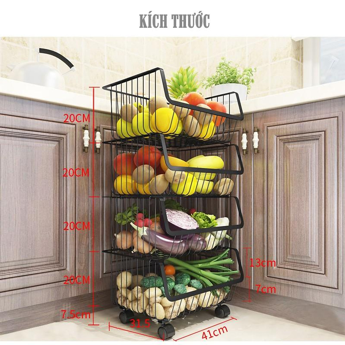 Kệ rau củ đa năng nhiều tầng có bánh xe tiện lợi nhà bếp, giá đựng rau củ, hoa quả, trái cây, xoong nồi,gia vị tiện dụng
