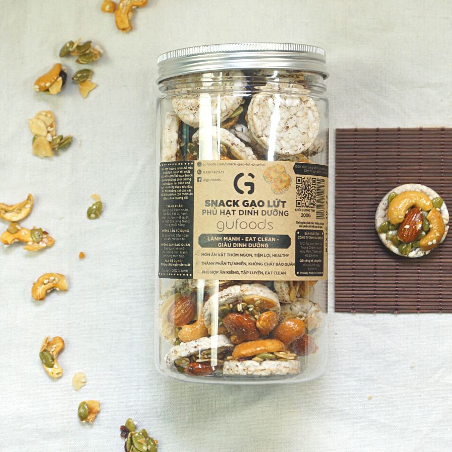 Xu hướng bánh Tết 2024 - Snack gạo lứt phủ granola siêu hạt GUfoods - Bữa ăn nhẹ tiện lợi, Giàu đinh dưỡng, Ăn vặt healthy, Hỗ trợ giảm cân, Ăn kiêng, Eat clean, Thuần chay - Bánh kẹo Tết - Quà Tết