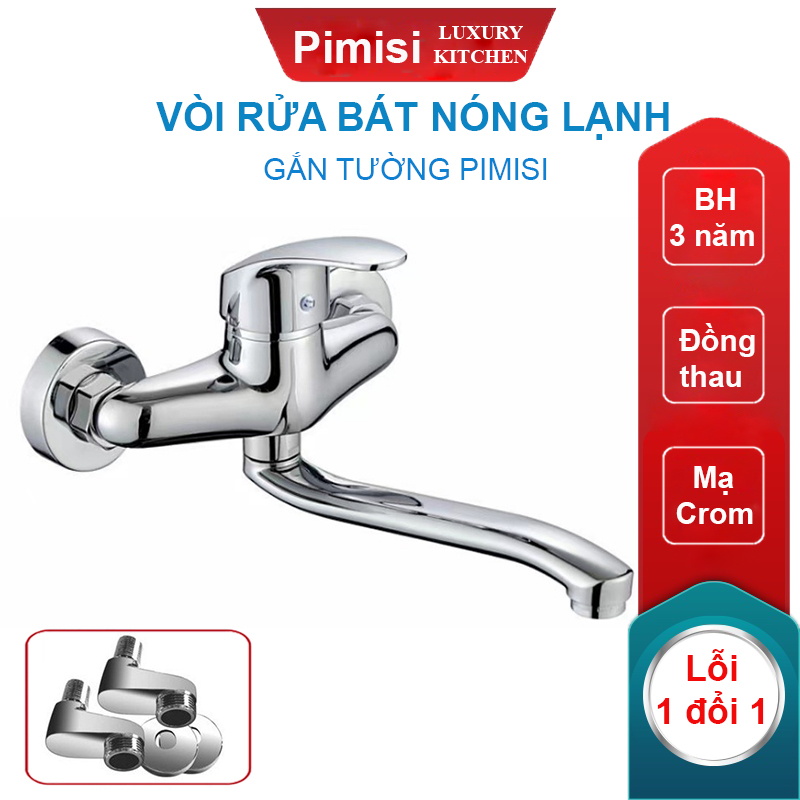 Vòi rửa bát gắn tường nóng lạnh Pimisi chất liệu đồng thau dùng cho chậu rửa chén bát 1-2 hố trong nhà bếp xoay 360 độ, kèm chân chữ Z nhằm tăng-giảm khoảng cách để hợp với mọi đường ống cấp nước | Hàng chính hãng