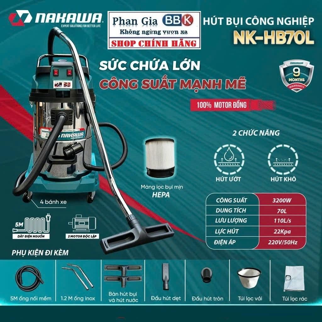 Hàng chính hãƞg, Máy Hút Bụi Công Nghiệp -Văn Phòng-Xưởng NAKAWA 80 Lít, Công Suất 4800W, Hàng chính hãƞg, BH 1 năm