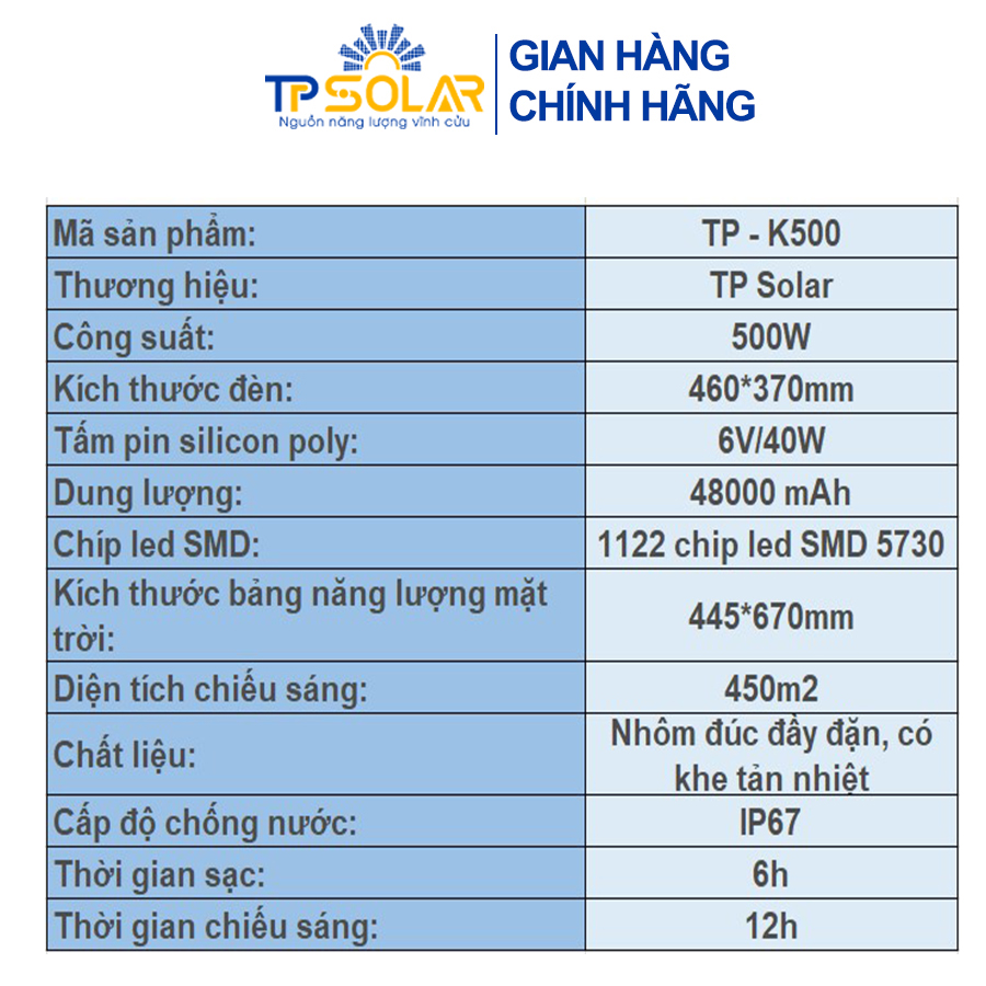 Đèn Pha Led Năng Lượng Mặt Trời TP Solar 500W TP-K500 Công Suất Lớn Siêu Sáng