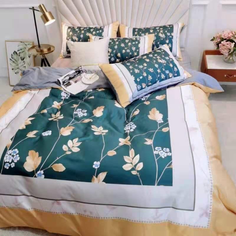Trọn Bộ Chăn Ga Gối Nệm Cotton Lụa HỌA TIẾT NGỰA KÉO XE VIỀN XANH Đơn Giản- Tinh Tế- Cao Cấp