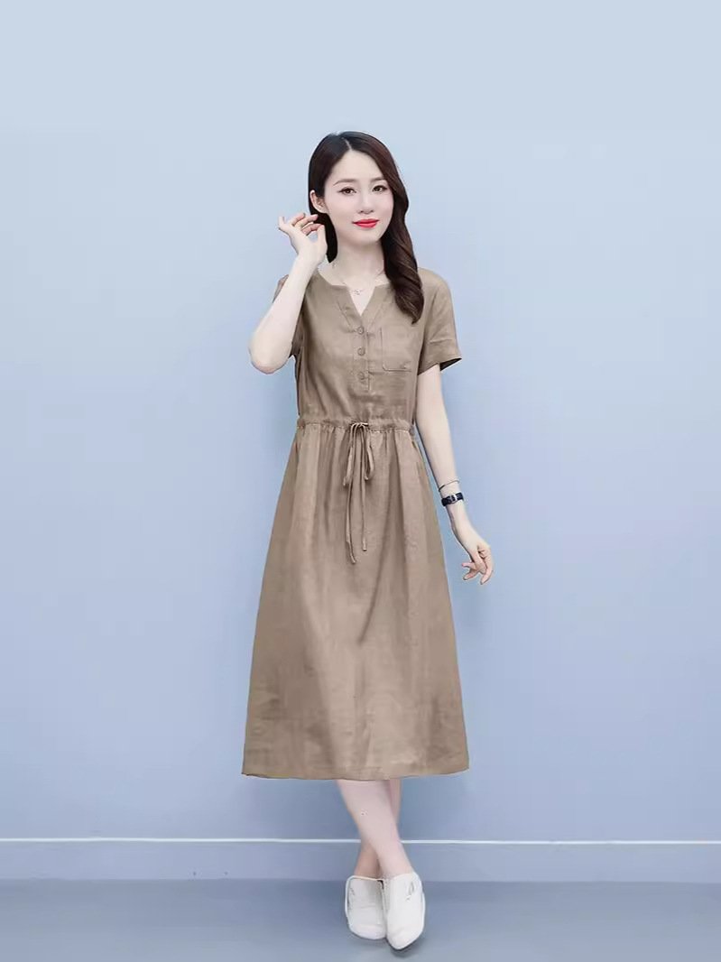 Đầm suông nữ vải Linen rút eo cổ V tay ngắn da218