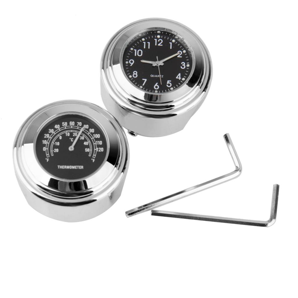 Universal Motorcycle Handlebar Mount Dial Clock & Temp Thermometer 7/8" 1"