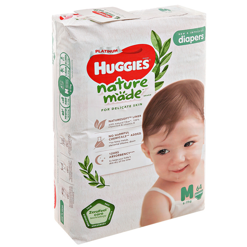 Tã dán siêu cao cấp Huggies Platinum Naturemade M64 (6 - 11 kg)