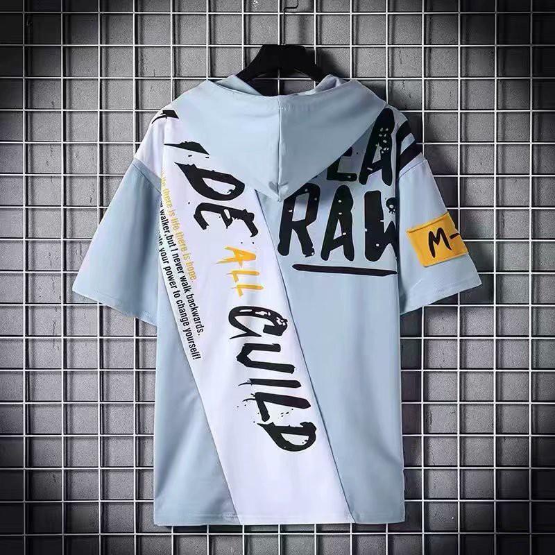 Spot real shot new summer European and American style men's urban fashion cool wild loose comfortable oblique pockets color matching design casual short sleeve hoodie