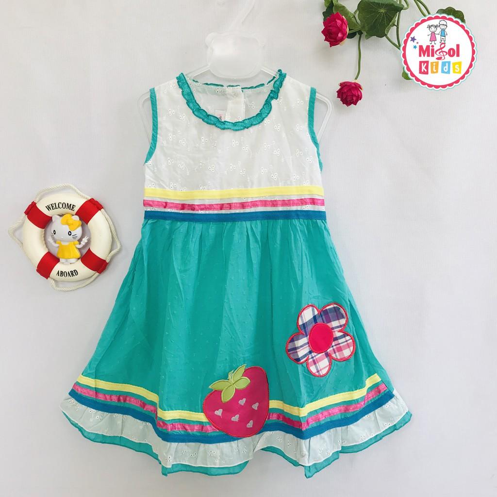 Đầm bé gái xanh phối trắng thêu dâu