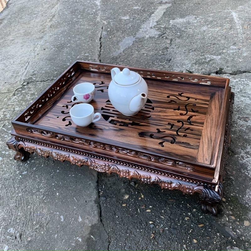 Khay trà chân quỳ gỗ mun hoa kích thước 45x35x12cm
