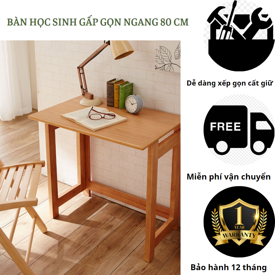 Bàn học sinh gấp gọn ngang 80 cm-Bàn học làm bằng gỗ cao su-Bàn xếp gọn chịu lực tốt