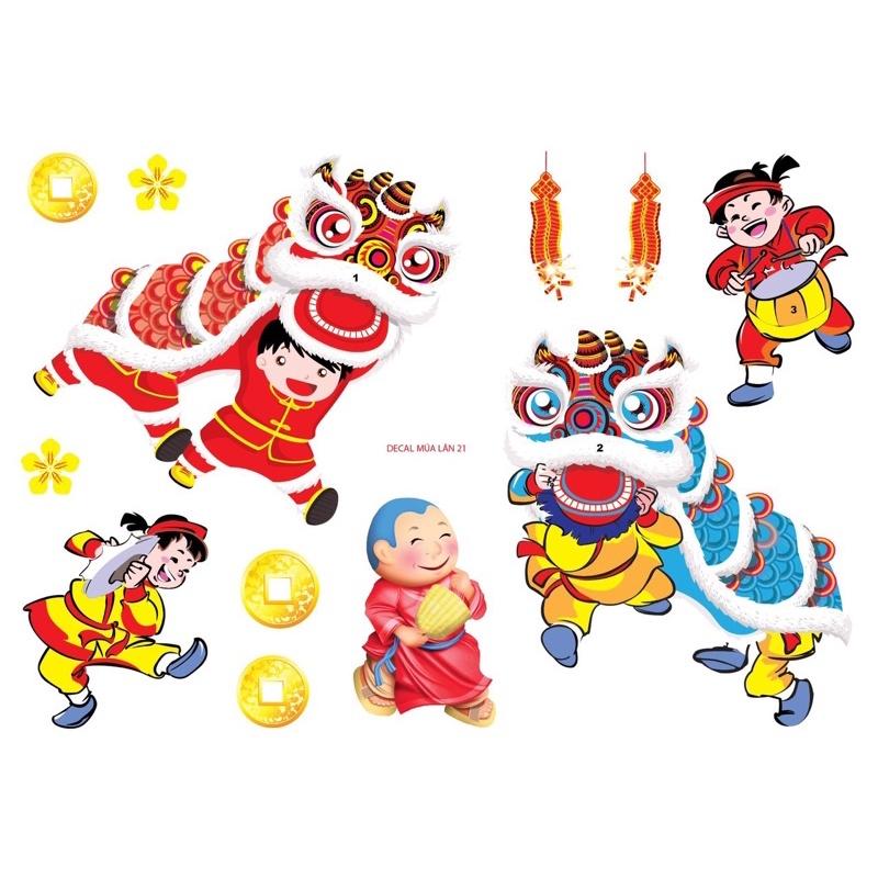 Decan Múa lân - Thần tài - Bánh chưng tét- Hoa mai - hoa đào - - Lân dán kiếng dán tường phụ kiện trang trí tết