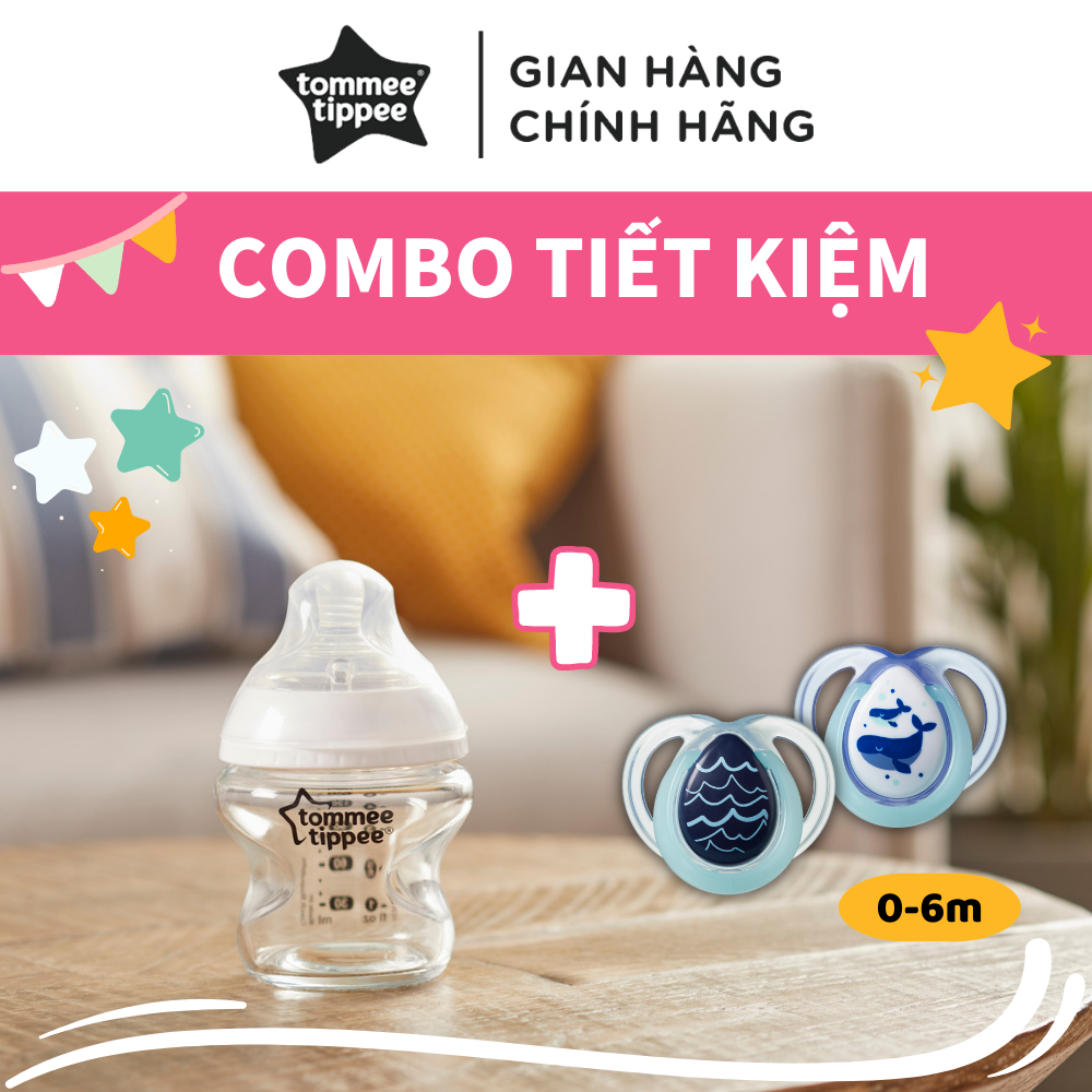 COMBO Bình sữa thủy tinh ty siêu mềm tự nhiên Tommee Tippee Closer to Nature 150ml &amp; Ty ngậm dạ quang cho bé Tommee Tippee Night Time 0-6 tháng (vỉ đôi) - Cá Voi