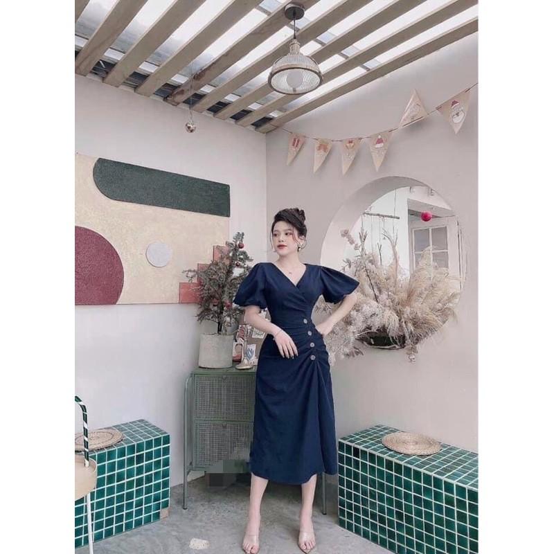 Đầm tay bồng cổ V 4 nút siêu xinh TKN