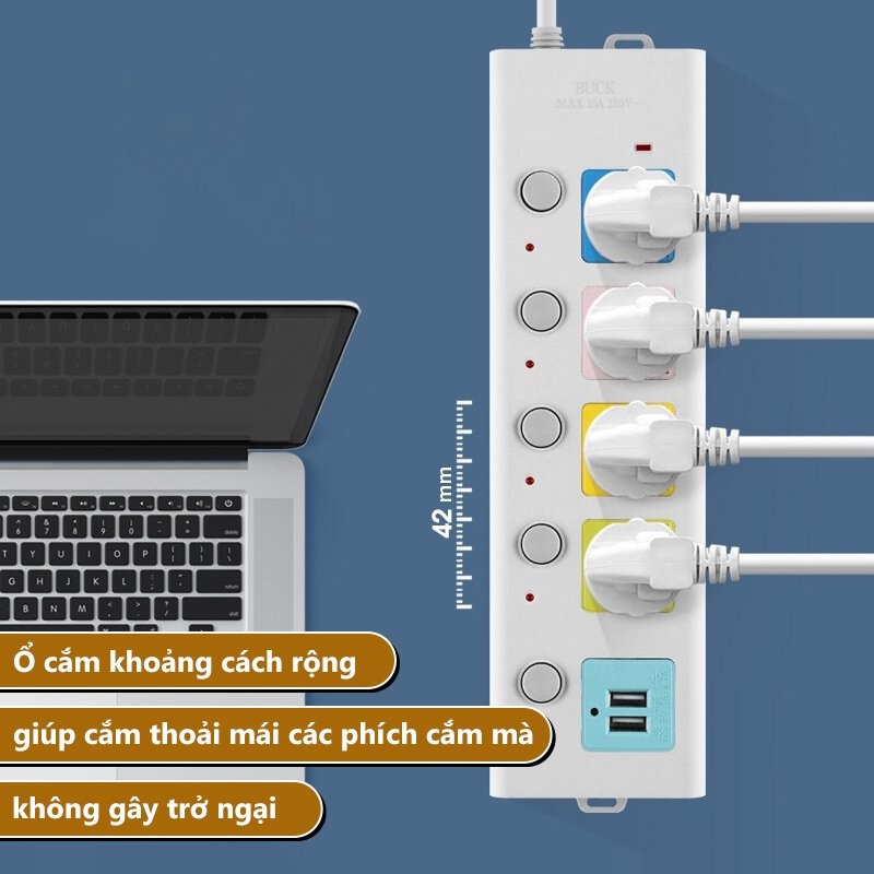 Ổ cắm điện đa năng 7 Cổng Sạc USB 2 Cáp USB 3 Và 5M Dây Cáp Dày Chất Lượng Cao 100% Chính Hãng 2023New