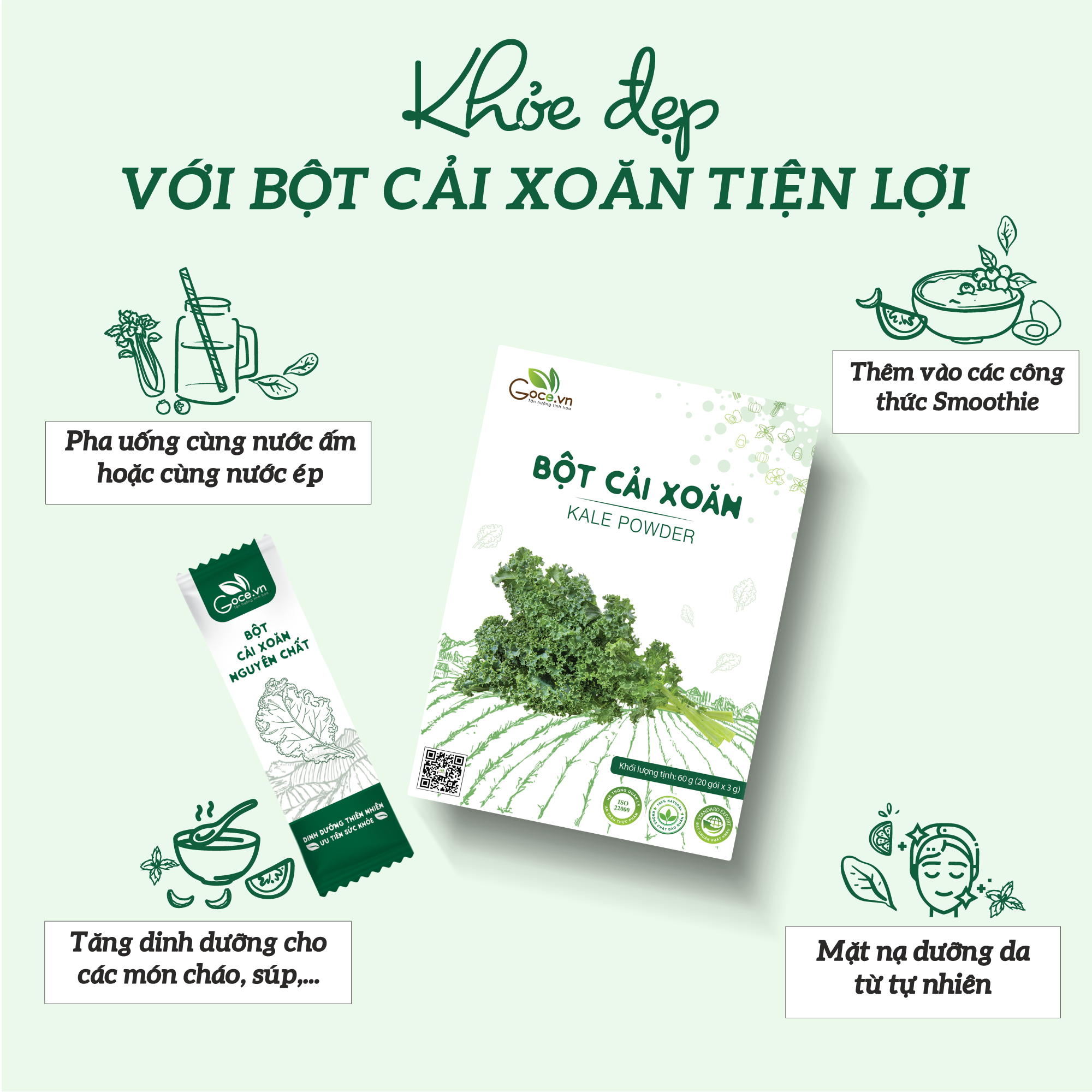 Bột cải xoăn Kale nguyên chất Goce - 60g (20 gói x 3g)