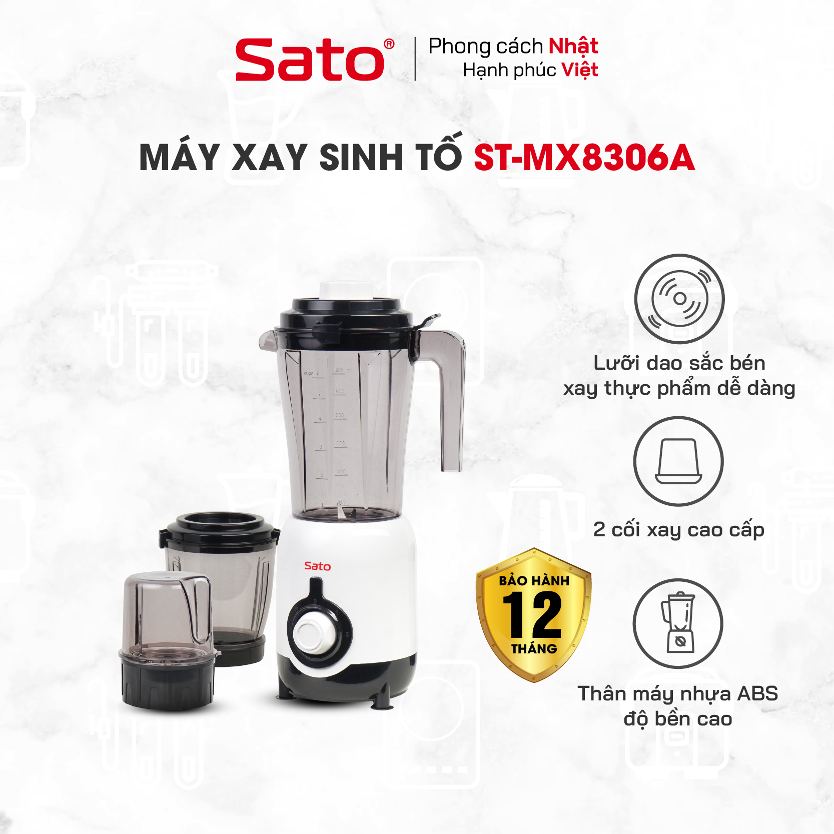 Máy xay sinh tố đa năng SATO MX8306A - Mô tơ điện được quấn dây 100% đồng nguyên chất có độ bền cao - Miễn phí vận chuyển toàn quốc - Hàng chính hãng