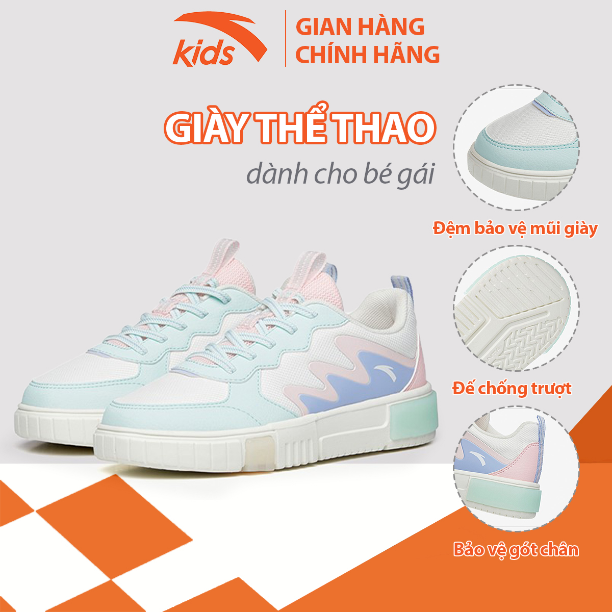 Giày thể thao bé gái Anta Kids, lót giày siêu êm, mặt lưới thoáng khí W322238006-8