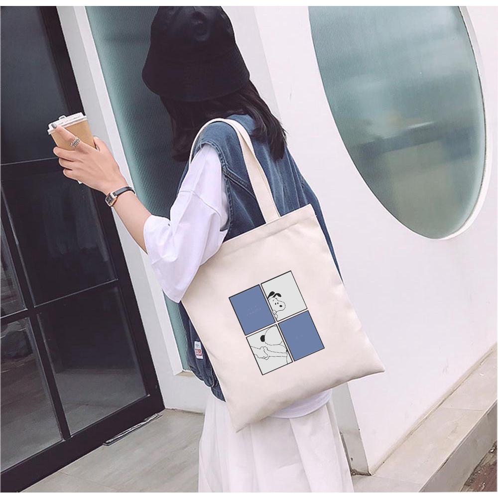 Túi tote vải mộc GINKO basic có dây kéo khóa miệng túi đựng vừa laptop 14 inch và nhiều đồ dùng khác in hình Snoopy and Friends M103