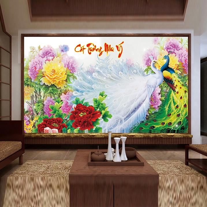 Tranh treo phòng khách chim công, hoa mẫu đơn "như ý cát tường"