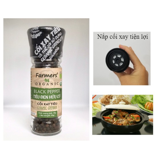 Tiêu Đen Hạt Farmers' Organic Cối Xay Vipep Hũ Thủy Tinh 55g