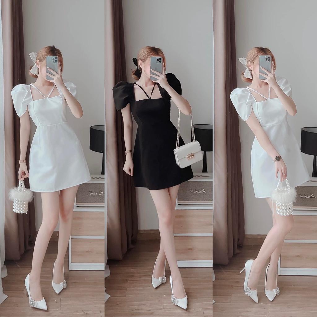 Đầm cổ vuông tay ngắn váy dự tiệc chữ A tay bồng HIJUNE VD06