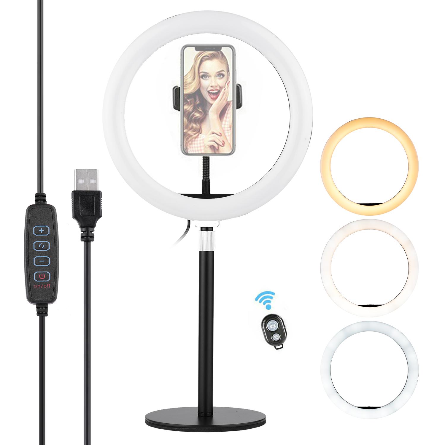 Đèn LED hỗ trợ 3 chế độ chiếu sáng Có thể điều chỉnh với giá đỡ điện thoại có chân đế để bàn 10 inch Selfie Beauty