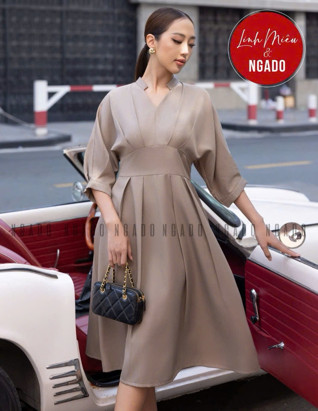 Đầm nâu cổ trụ xếp ly NGADO , đầm kiểu Nữ , đầm công sở , đầm dự tiệc