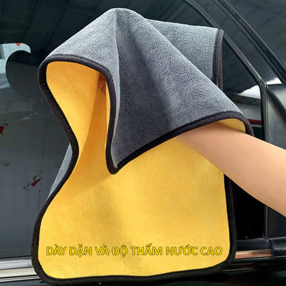 Khăn lau rửa xe ô tô hai mặt vàng xám mật độ cao khăn dày, mềm, mịn, thấm hút tốt kích thước 30x30 và 30x60 cm