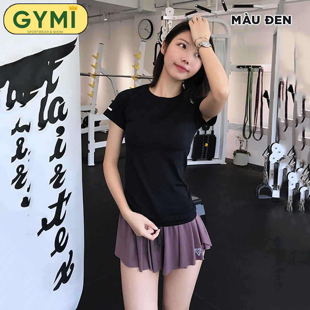 Áo tập gym yoga nữ GYMI AC09 dáng ngắn cộc tay thể thao chất dệt mịn mát co giãn thấm mồ hôi