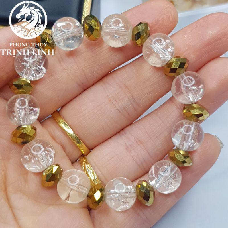 VÒNG CHUỖI TUYẾT TRẮNG 10LY MIX PHA LÊ VÀNG ÁNH KIM