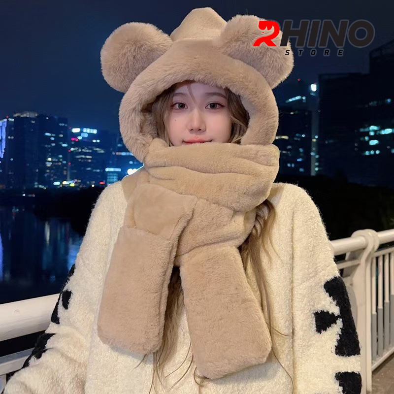 Mũ lông, mũ len kèm khăn quàng Rhino WS101 ấm áp, dễ thương hàng chính hãng