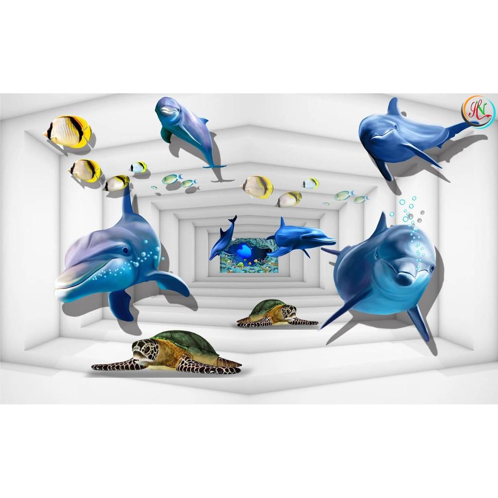 Tranh dán tường 3D Cá heo -vải lụa kim tuyến
