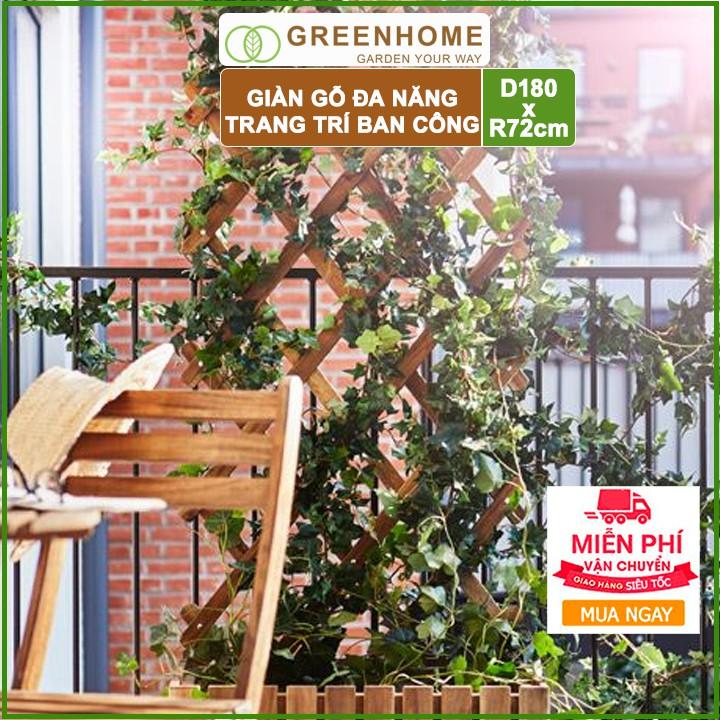 Giàn gỗ treo ban công, R72xC180cm, gỗ tràm siêu bền, màu gỗ, co giản được, làm khung hoa hồng leo, bông giấy |Greenhome