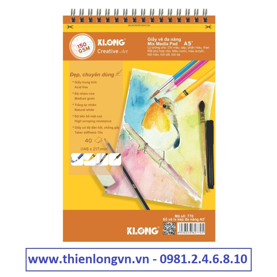 Sổ vẽ lò xo đa năng Creative Art A5 - 150 GSM - 40 tờ; Klong 770 bìa cam