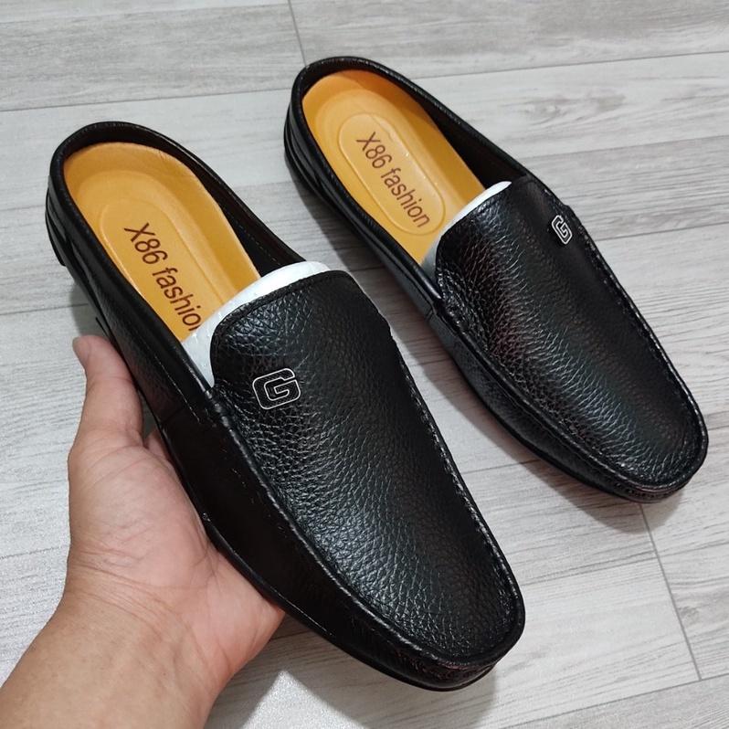 Giày lười nam không gót chất liệu da bò, đế cao su khâu bảo hành 1 năm, có đủ size với 2 màu nâu và đen