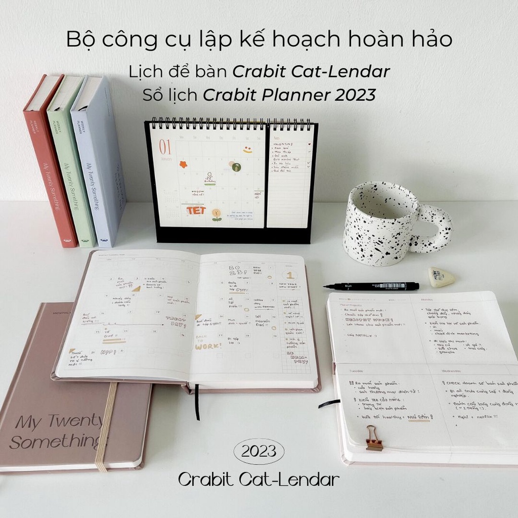 Lịch để bàn 2023 hoạ tiết Mèo Crabit Cat-Lendar basic lịch để bàn chữ A lò xo có ghi chú to-do list tiện lợi