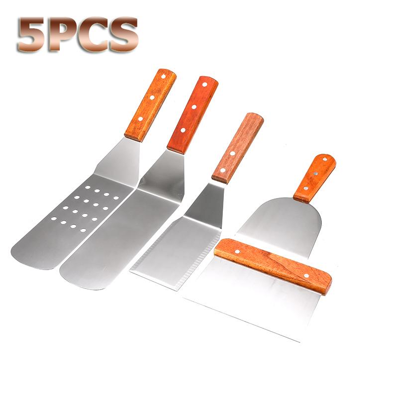 5 cái/bộ Thìa Đũa Inox Tay Cầm Gỗ Vỉ Nướng Salad Cạp Xay Thịt BBQ Nướng Đồ Dùng Nấu Ăn Dụng Cụ Nhà Bếp