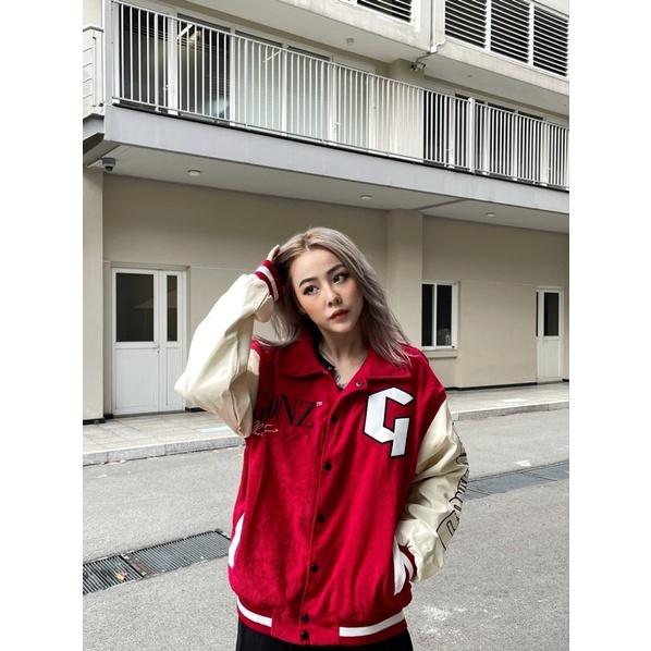 Áo Khoác Nhung Tăm Form Rộng Phối Tay Da Leather Seeve Jacket Varsity V16 - Màu Đỏ